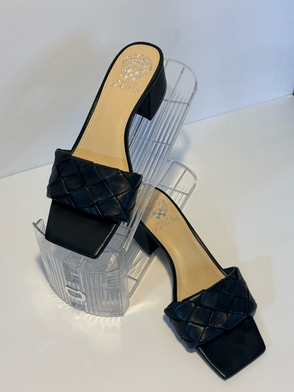 Vince Camuto Black Woven Slide Heels Square Toe Mule Sandals Size 7